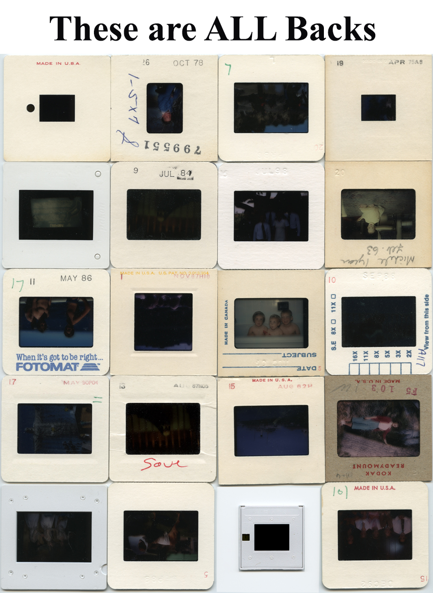 Multiple slide backs showing typical date stamps, processing codes, and mostly blank cardboard surfaces